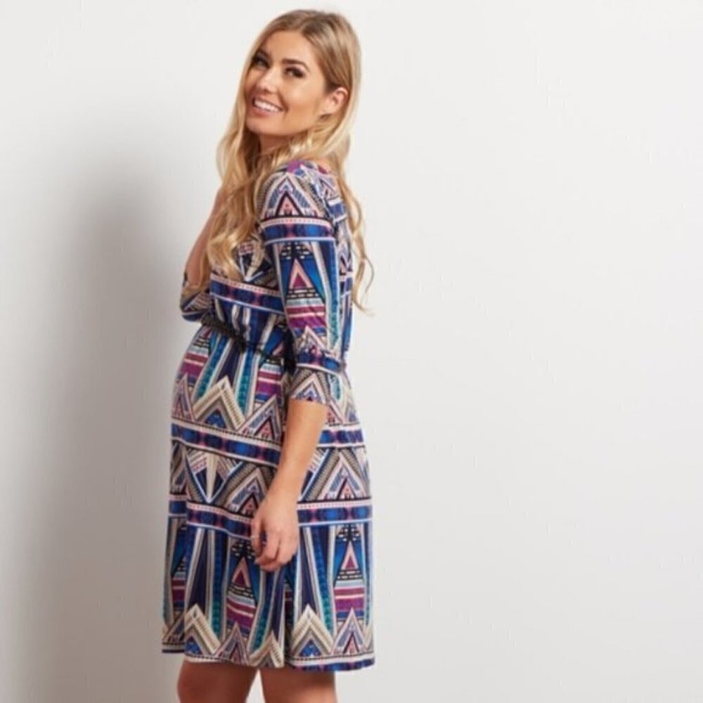 NEW PinkBlush Maternity Navy Tribal Belted Dress - Picture 2 of 15